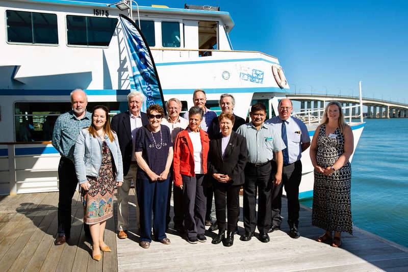 Councillors from Georges Riverkeeper Memeber Councils, gather for a group photo in front of the boat that took them on a River Tour to commemorate Georges Riverkeeper's 40th Anniversary. Left to right: Clr Noel Lowry, Fiona Stock, Clr Forshaw, Dawn Emerson, Clr Tom Croucher, Clr Linda Eisler, Clr Ray Plibersek, Clr Karress Rhodes, Clr Peter Skaysbrook, Cr Ray Manoto, Cr Geoff Shelton, Beth Salt.