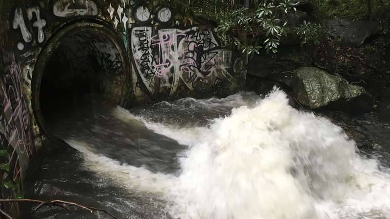 Stormwater drain releasing rainwater high flow