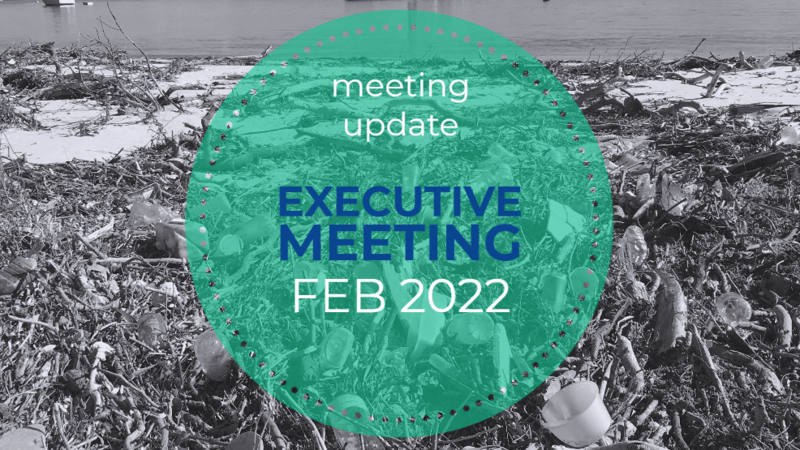 Executive Meeting update Feb 2022 graphic showing foreshore litter with Georges River in the background