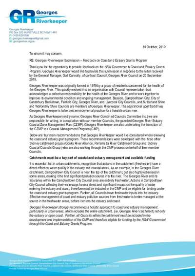 Georges Riverkeeper Submission - Feedback on Coast and Estuary Grants Program - October 2019