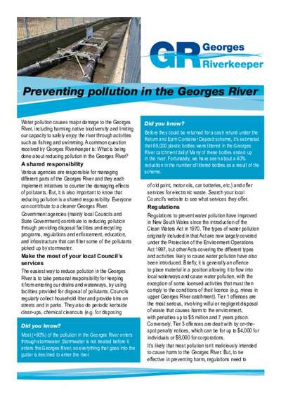 Fact Sheet about preventing pollution in the Georges River 