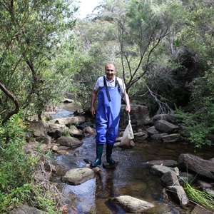 Hossein collecting water bug samples at Woronora River
