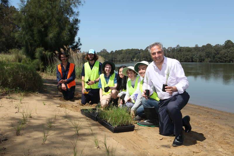 Fairfield Mayor Carbone with CVA volunteers planting along the Georges River