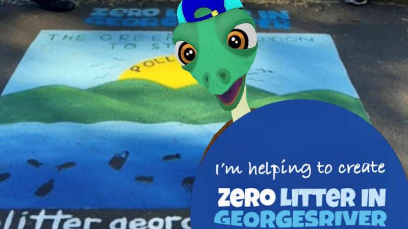 the Augmented Reality character, Zero the Turtle, in front of street art at Lake Gillawarna