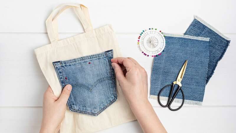 sewing to attach denim pocket to a canvas bag