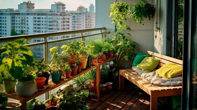 balcony overlooking apartment buildings with pot plants and comfortable seat