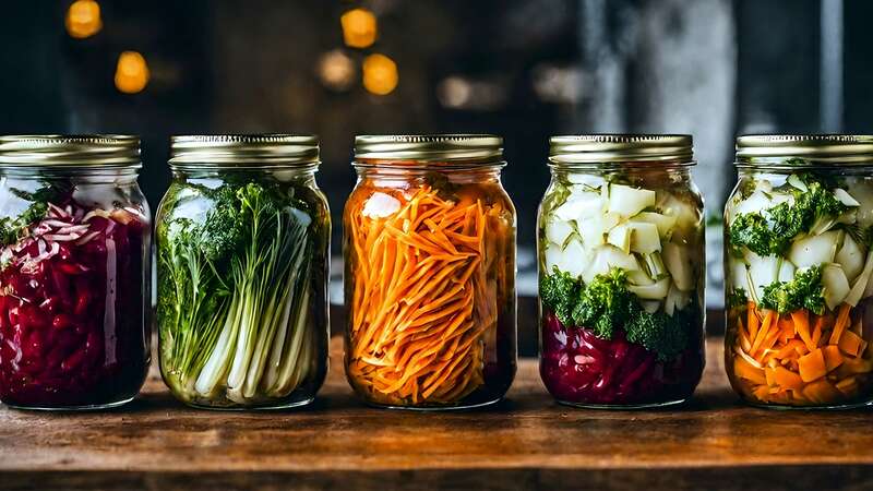 recycled glass jars with chopped vegetables inside