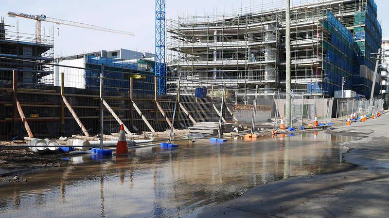 flooding on building site shows how water can wash sediment from building sites off the site if there are no controls in place