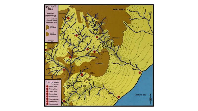 Map showing the current shoreline (in brown) and the shoreline as it was 16,000 years ago (where the yellow meets the blue ocean)