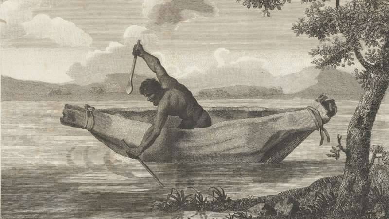 Pimbloy Native of New Holland in a canoe of that country  S. J. Neele. Image courtesy of State Library VIC