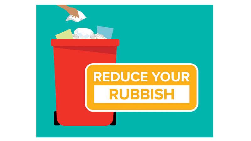 Reduce Your Rubbish - artwork showing rubbish going into a bin